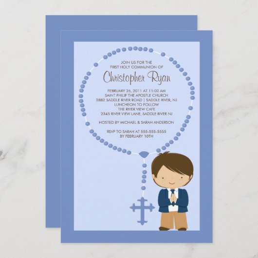 かわいい数珠の最初聖餐の招待状の男の子の青 招待状 (正面/裏面)