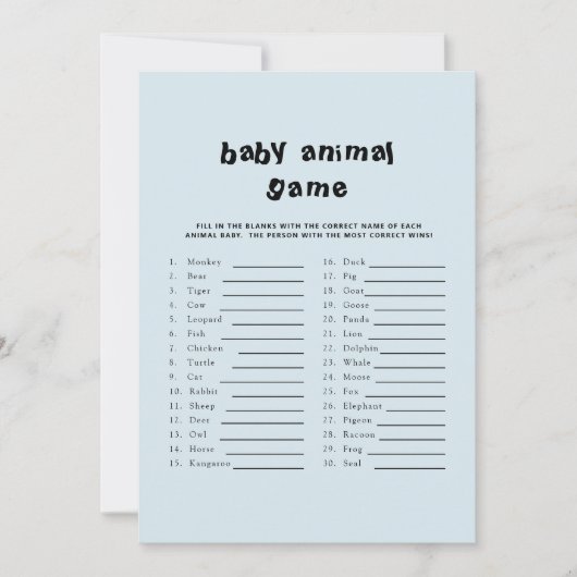 かわいい文字赤ちゃんシャワー赤ちゃん動物ゲームブルー 招待状 (正面)