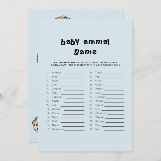 かわいい文字赤ちゃんシャワー赤ちゃん動物ゲームブルー 招待状 (正面/裏面)