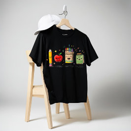 かわいい文房具Tシャツ 鉛筆 リンゴ クレヨン Tシャツ