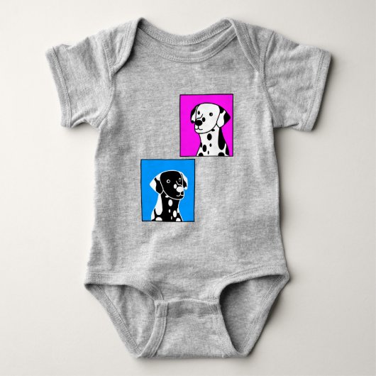 かわいい斑点の黒犬と白犬のスケッチの前版画 ベビーボディスーツ (正面)