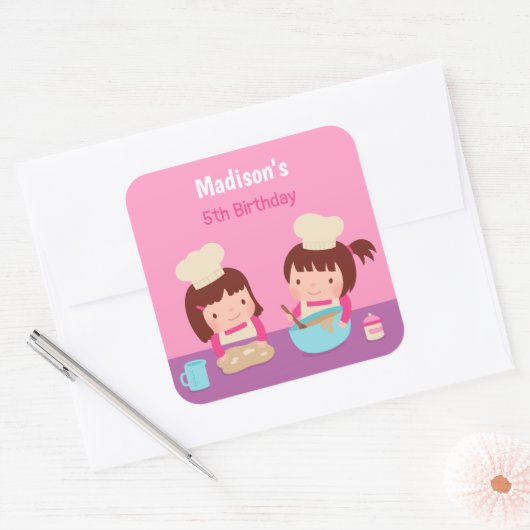かわいい料理ベーキングガールズバースデーパーティーの好意 スクエアシール (封筒)
