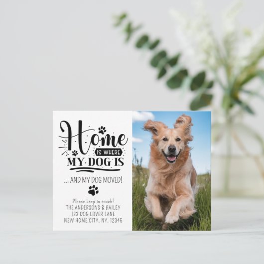 かわいい新しいアドレス引っ越しましたペットフォトドッグ移動 ポストカード (スタンド正面)