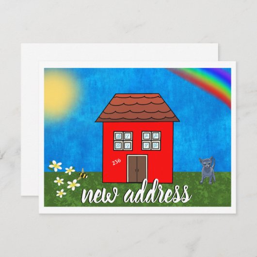 かわいい新しいアドレス | レッドハウスレインボーフラワーズキャット 案内状 (正面/裏面)