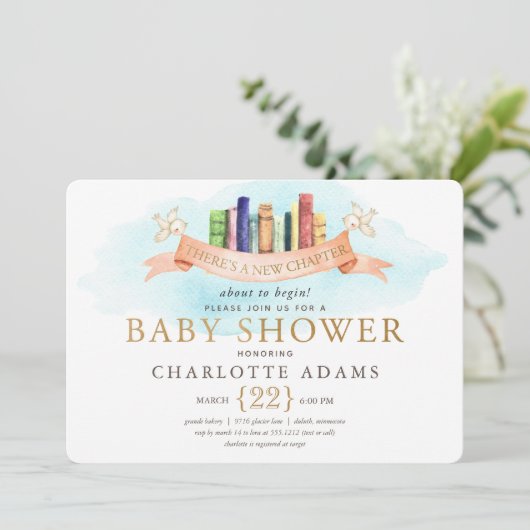 かわいい新しいチャプターブックスベビーシャワー招待状 招待状 (スタンド正面)