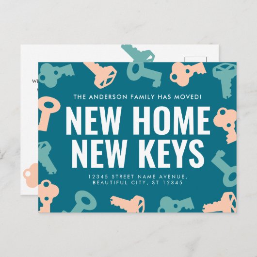 かわいい新しいホーム鍵引っ越しましたの移動告知 案内ポストカード (正面/裏面)