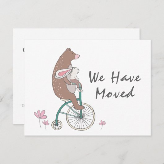 かわいい新しい住所ビサイクリングベア&バニー 案内ポストカード (正面/裏面)