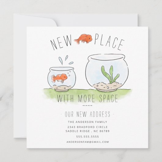 かわいい新しい場所金魚鉢の動く告知 案内状 (正面)