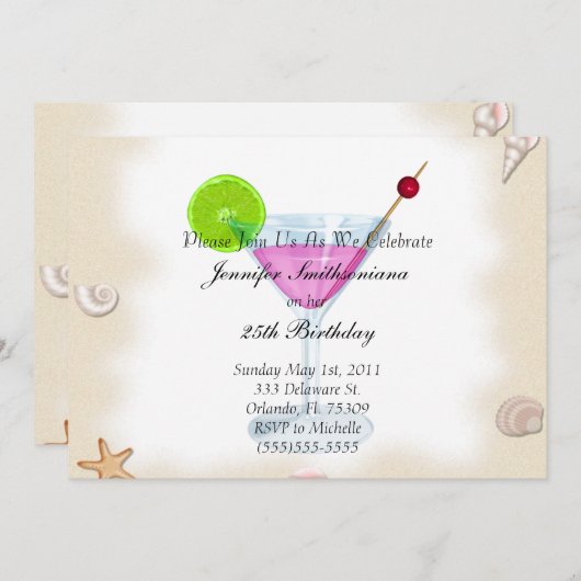 かわいい新しい海の貝とカクテルの誕生日パーティーI 招待状 (正面/裏面)