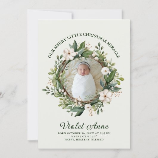 かわいい新しい赤ちゃんの写真のリース　クリスマスの奇跡 シーズンカード (正面)