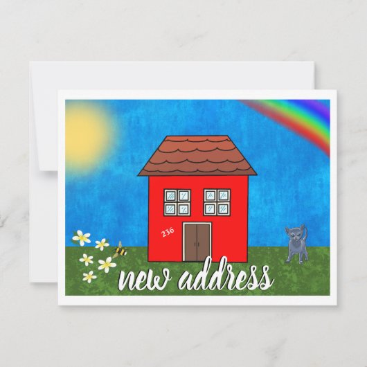 かわいい新住所 | 赤い家の虹の花と猫 案内状 (正面)