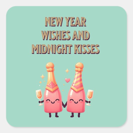 かわいい新年の願い&ミッドナイトキスかわいい スクエアシール (正面)