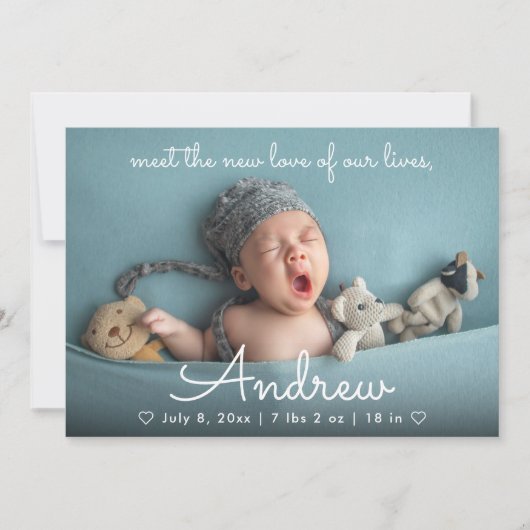 かわいい新生児の写真と名前の誕生発表 招待状 (正面)