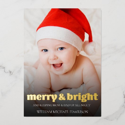 かわいい新生児クリスマス写真誕生のお知らせ 箔シーズンカード (正面)