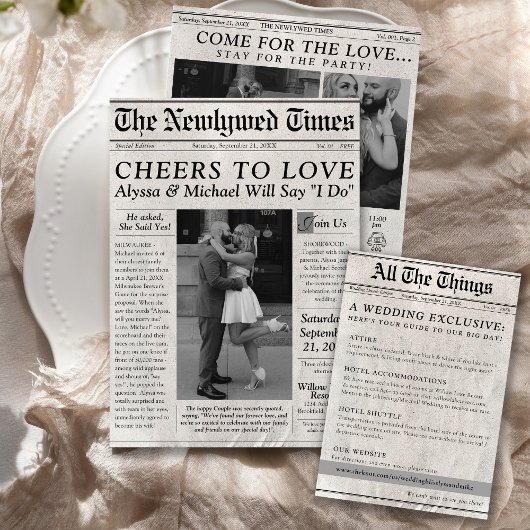 かわいい新聞の結婚式の日詳細エンクロージャカード エンクロージャーカード