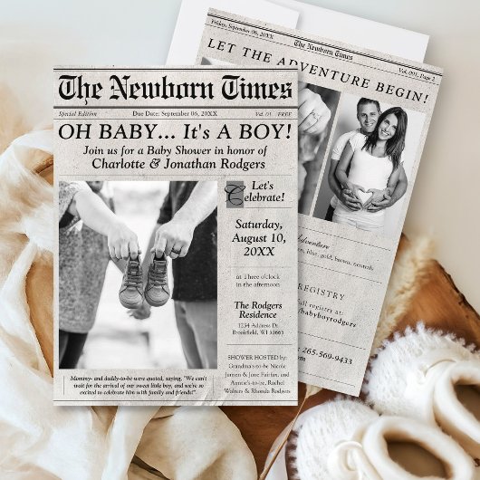 かわいい新聞写真オ男の赤ちゃんシャワー招待状 招待状