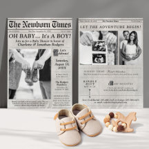 かわいい新聞写真オ男の赤ちゃんシャワー招待状