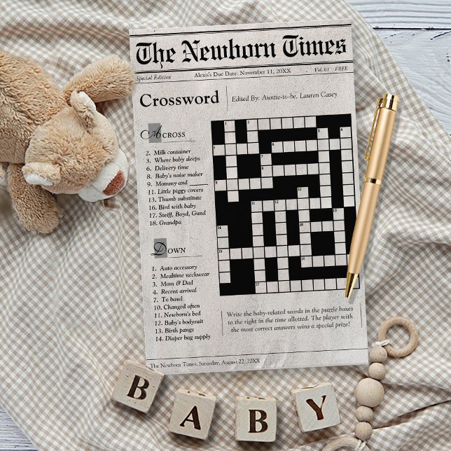 かわいい新聞赤ちゃんシャワークロスワードパズルゲーム (The Newborn Times cute newspaper theme baby shower baby words crossword puzzle game card, black)