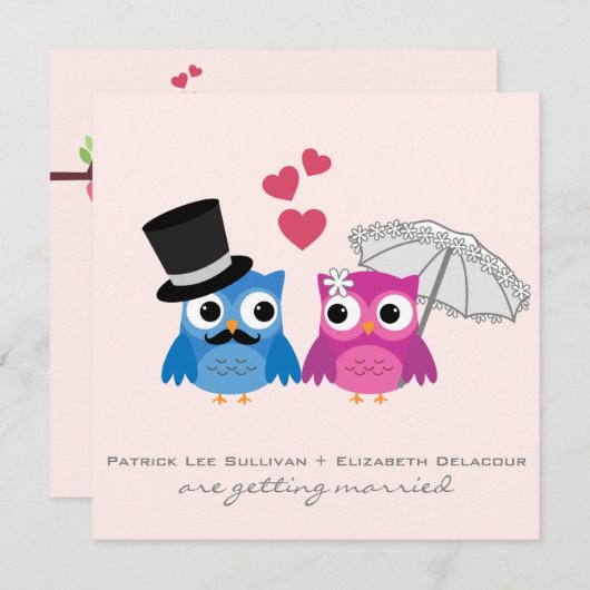 かわいい新郎フクロウと新婦フクロウ結婚式招待状 招待状 (正面/裏面)
