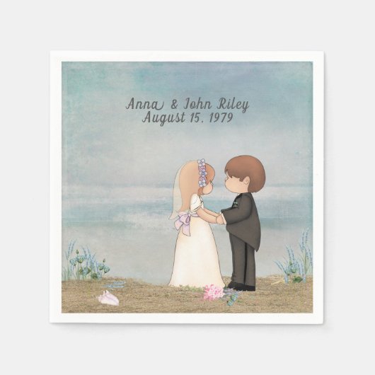 かわいい新郎新婦オンビーチ スタンダードカクテルナプキン (正面)