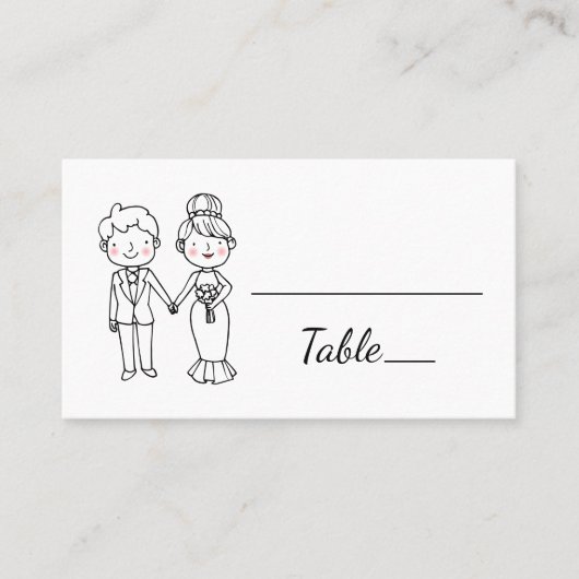 かわいい新郎新婦カートゥーン白黒結婚ズ プレイスカード (正面)