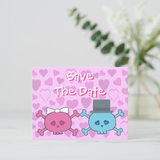 かわいい新郎新婦スカルデート結婚の 案内ポストカード (スタンド正面)