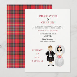 かわいい新郎新婦スコットランドタータンチェック結婚ズテーマ 招待状