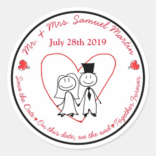 かわいい新郎新婦スティックフィギュア封筒用シール ラウンドシール (正面)