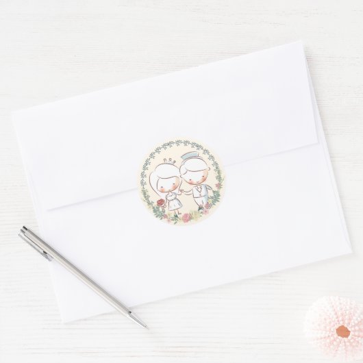 かわいい新郎新婦フローラ結婚式用シール ラウンドシール (封筒)