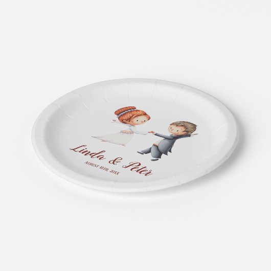 かわいい新郎新婦踊り図解入りの、写真付きのパーティー ペーパープレート (アングル)