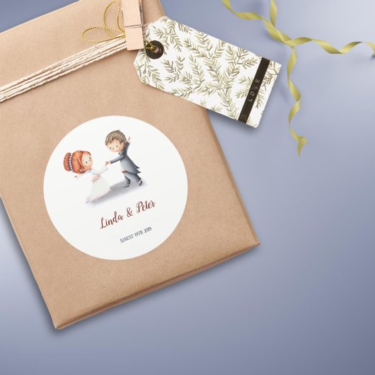 かわいい新郎新婦踊り結婚ズ ラウンドシール