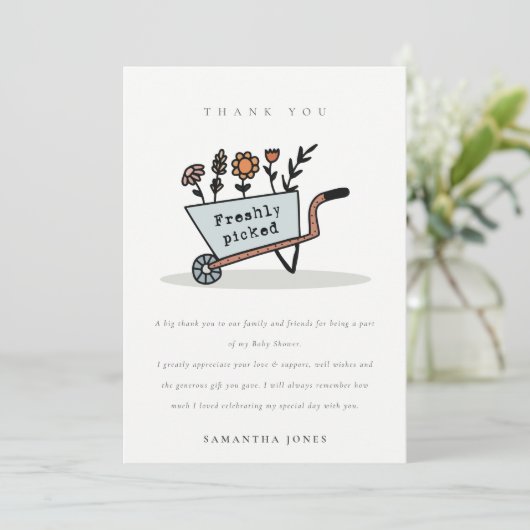かわいい新鮮な選び立ての青いフローラカート赤ちゃんシャワー サンキューカード (スタンド正面)