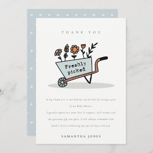 かわいい新鮮な選び立ての青いフローラカート赤ちゃんシャワー サンキューカード (正面/裏面)