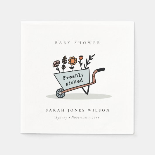 かわいい新鮮な選び立ての青いフローラカート赤ちゃんシャワー スタンダードカクテルナプキン (正面)