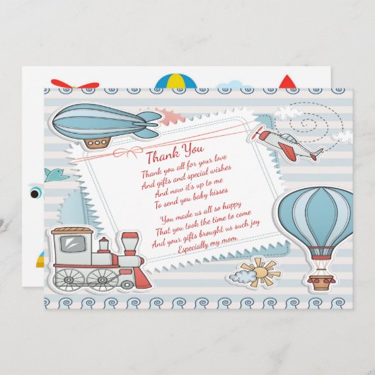 かわいい旅行をテーマにした男の赤ちゃんシャワーありがとう サンキューカード (正面/裏面)