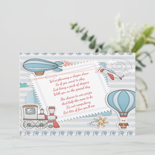 かわいい旅行をテーマにした男の赤ちゃんシャワーおむつラッフル 招待状 (スタンド正面)