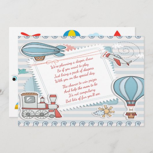 かわいい旅行をテーマにした男の赤ちゃんシャワーおむつラッフル 招待状 (正面/裏面)