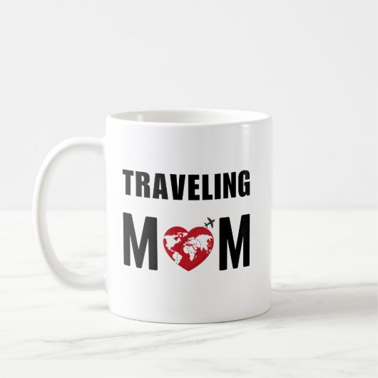 かわいい旅行ママ、世界地図&飛行機、おもしろい コーヒーマグカップ (左)