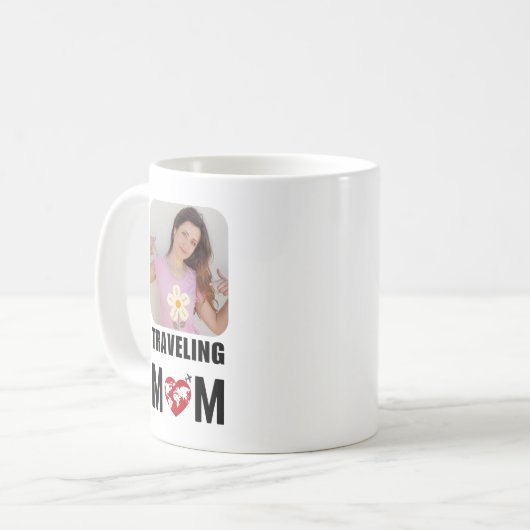 かわいい旅行ママ、世界地図&飛行機、写真 コーヒーマグカップ (正面左)