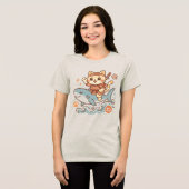 かわいい日本のかわいい侍猫がサメに乗っている トライブレンドTシャツ (正面全面)