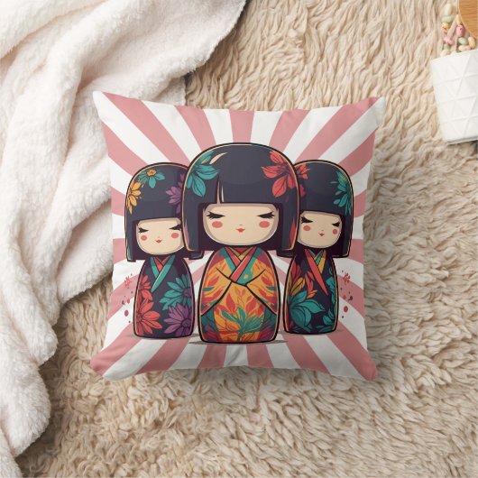 かわいい日本のこけし人形 クッション (ブランケット)
