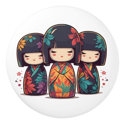 かわいい日本のこけし人形 セラミックノブ (正面)