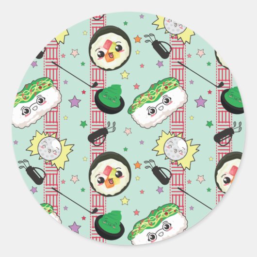 かわいい日本のすし好きゴルフ柄 ラウンドシール (正面)