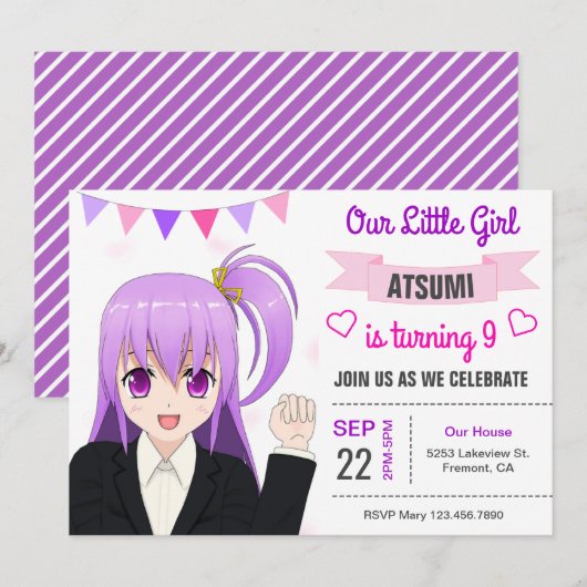 かわいい日本のアニメ少女の誕生日パーティー招待状 招待状 (正面/裏面)