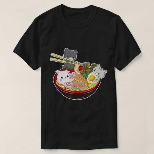 かわいい日本のアニメ猫フード付きスウェットシャツ丼ラーメン麺 Tシャツ (デザイン正面)