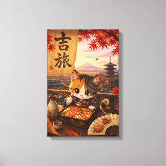 かわいい日本のアニメ猫着物富士山紅葉 キャンバスプリント