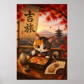 かわいい日本のアニメ猫着物富士山紅葉 ポスター