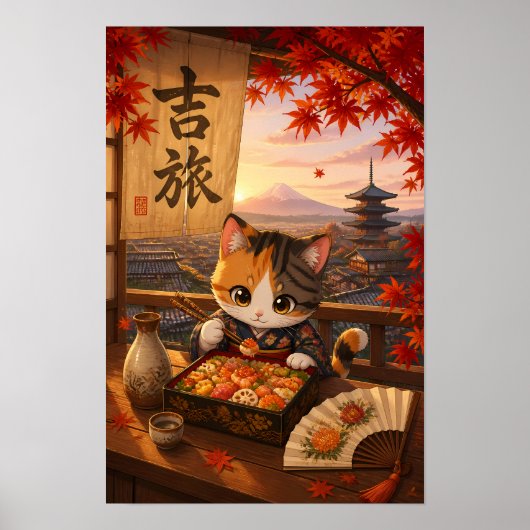 かわいい日本のアニメ猫着物富士山紅葉 ポスター (正面)