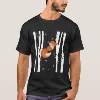 かわいい日本のキツネ 桜 白いシラカバ Tシャツ