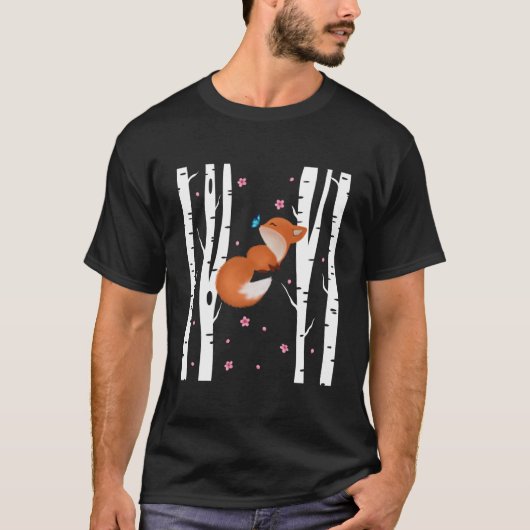 かわいい日本のキツネ 桜 白いシラカバ Tシャツ (正面)
